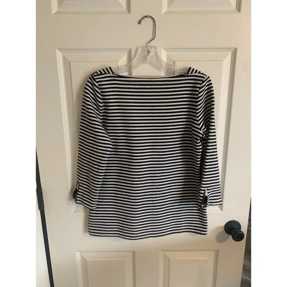 TALBOTS Stretch Cotton Womens Small Striped Boat Neck 3/4 Sleeve Black White - Picture 3 of 12